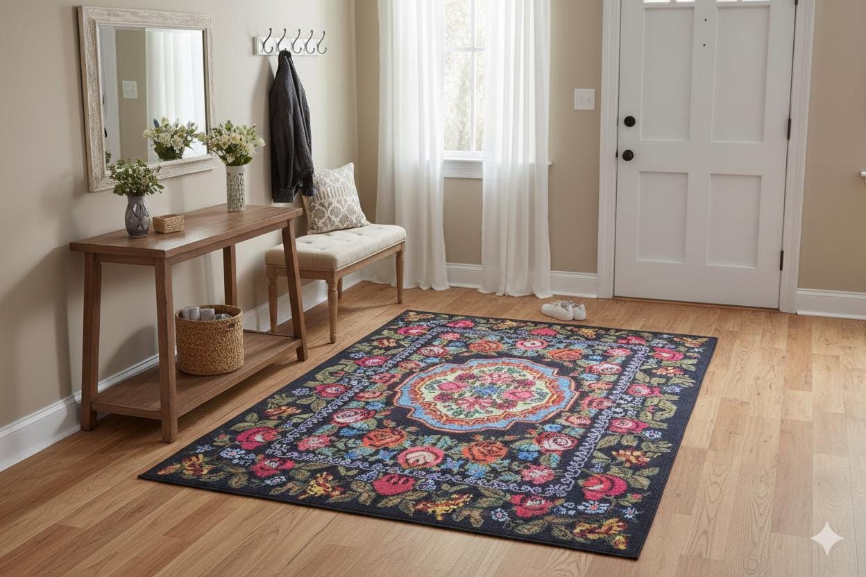 Black Karabagh Vintage Rug: Washable Floral Carpet with Tassels