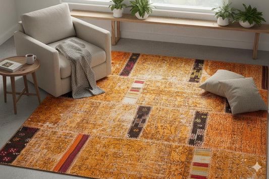 Handmade Wool Patchwork Rug: Bohemian Turkish Area Rug (5.2x7.5 ft)