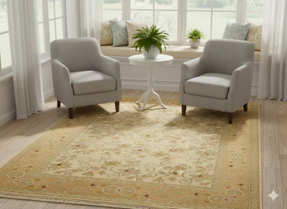 Vintage Turkish Wool Rug: Handmade Beige Floral Carpet (5.70 ft x 7.48 ft)