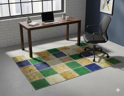 Handmade Wool Patchwork Rug: Bohemian Turkish Area Rug (3.9x5.7 ft)