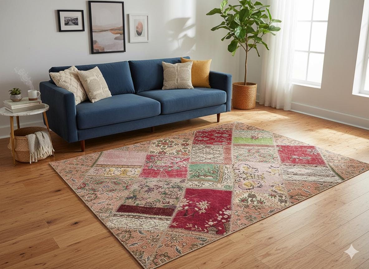 Handmade Wool Patchwork Turkish Rug - 5.9x7.9 ft Bohemian Area Rug