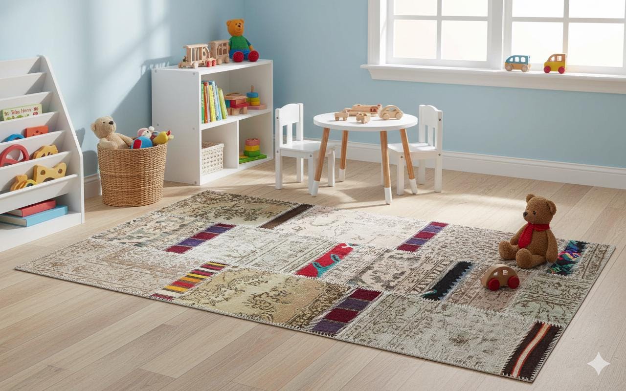 Handmade Wool Patchwork Turkish Rug - Bohemian Area Rug (4.10x6.6 ft)