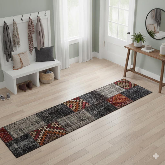Handmade Wool Patchwork Turkish Rug - 2.6x9.8 ft Bohemian Area Rug