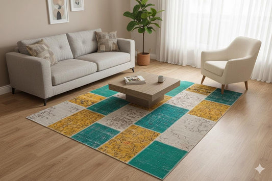 Green Patchwork Wool Rug: Bohemian Handmade Area Rug (6.6x7.5 ft)