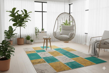 Green Patchwork Wool Rug: Bohemian Handmade Area Rug (6.6x7.5 ft)