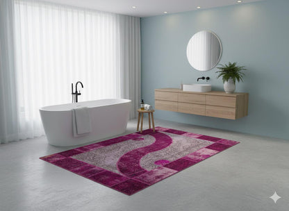 Pink Patchwork Wool Rug: Bohemian Ying Yang Area Rug (7.9x10.8 ft)