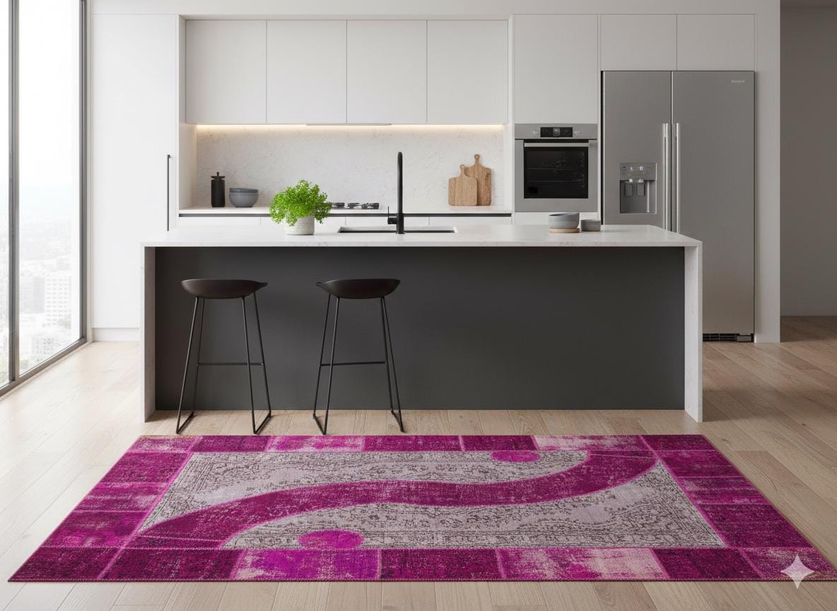 Pink Patchwork Wool Rug: Bohemian Ying Yang Area Rug (7.9x10.8 ft)