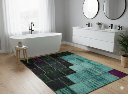 Green Patchwork Rug: Bohemian Handmade Wool Area Rug (6.5x9.8 ft)