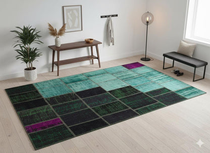 Green Patchwork Rug: Bohemian Handmade Wool Area Rug (6.5x9.8 ft)