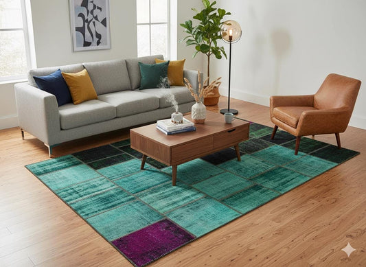 Green Patchwork Rug: Bohemian Handmade Wool Area Rug (6.5x9.8 ft)