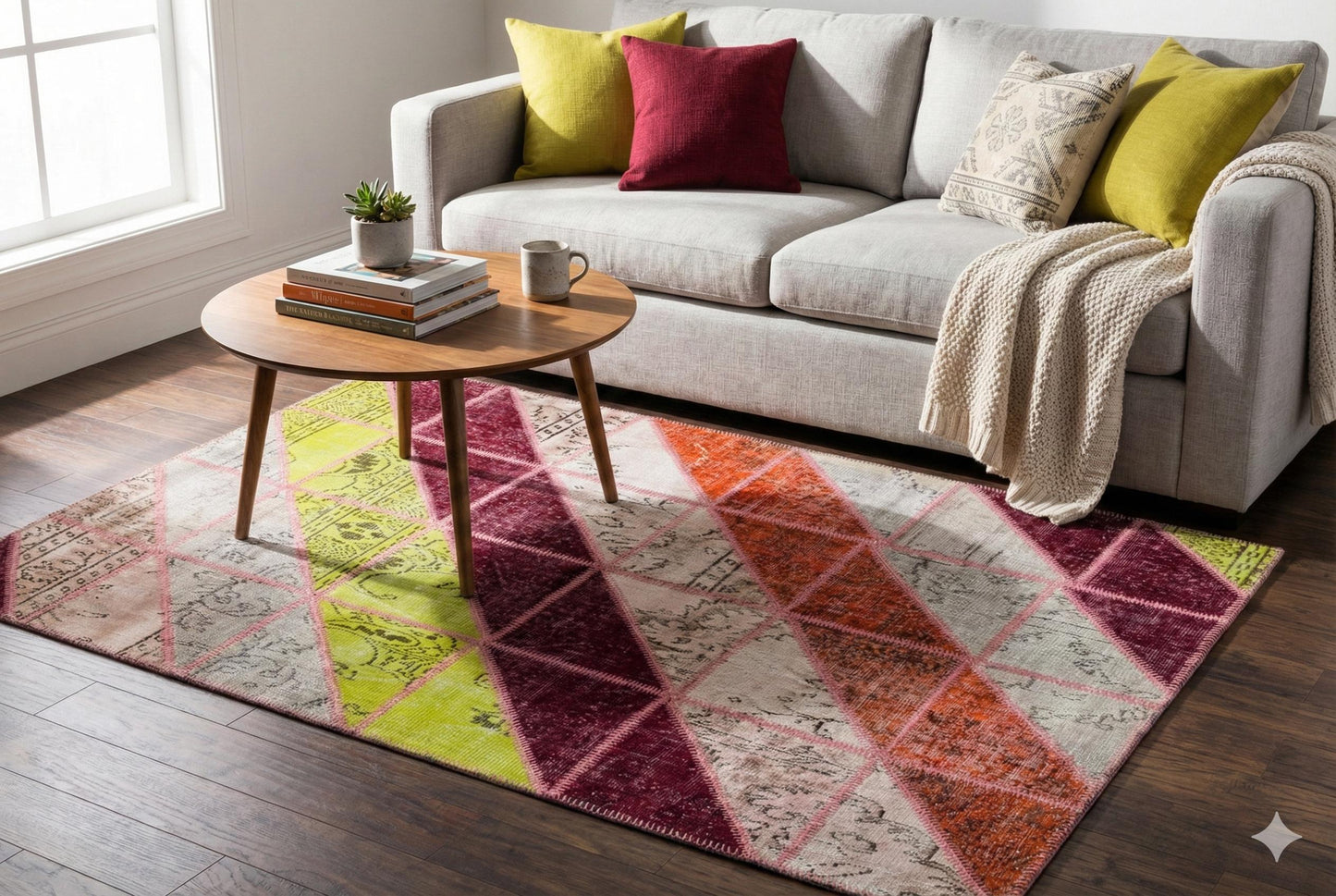 Handmade Wool Patchwork Rug: Bohemian Turkish Area Rug (5.4x8 ft)