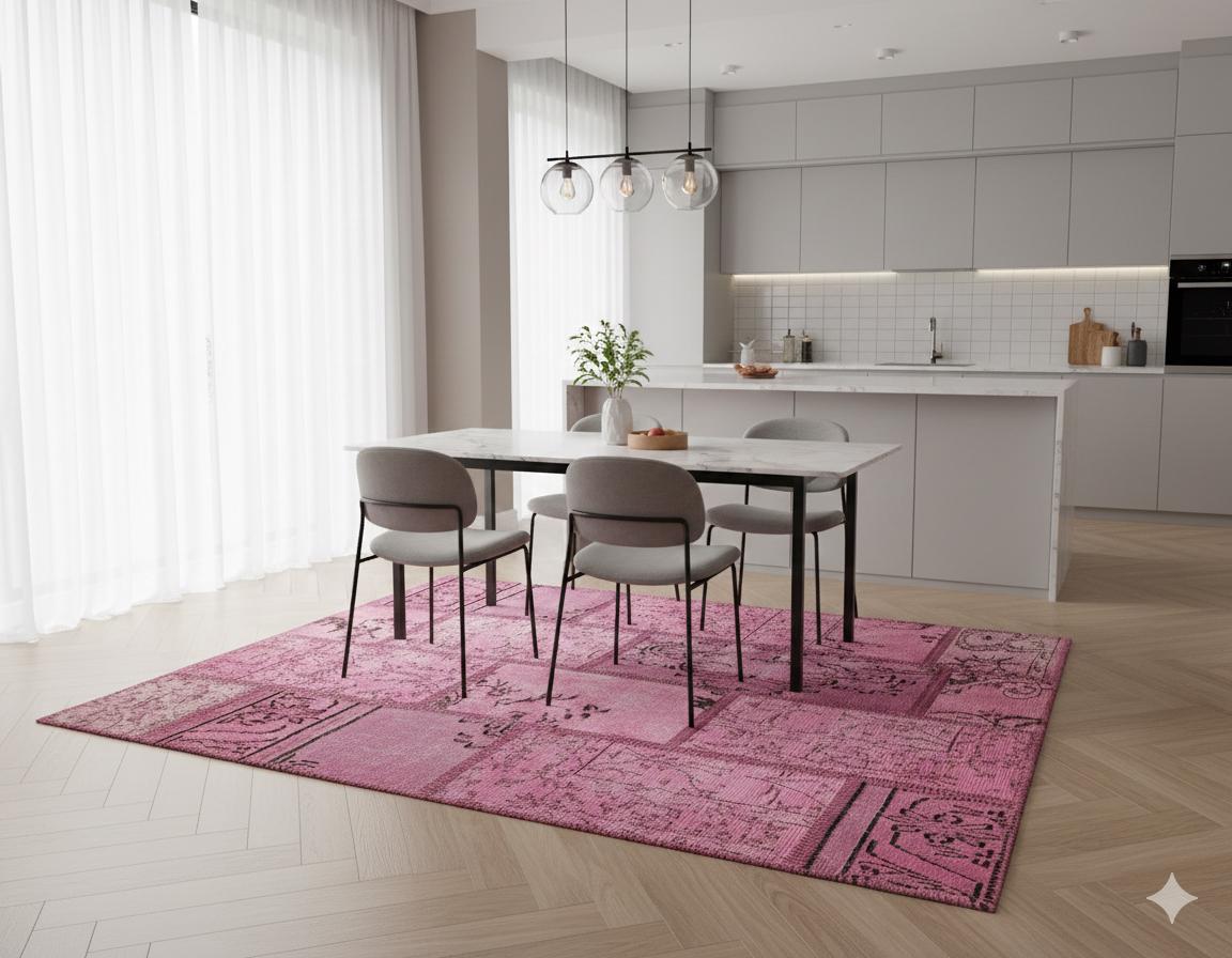 Handmade Wool Turkish Patchwork Rug: Vintage Pink Bohemian Area Rug (4.2x5.4)