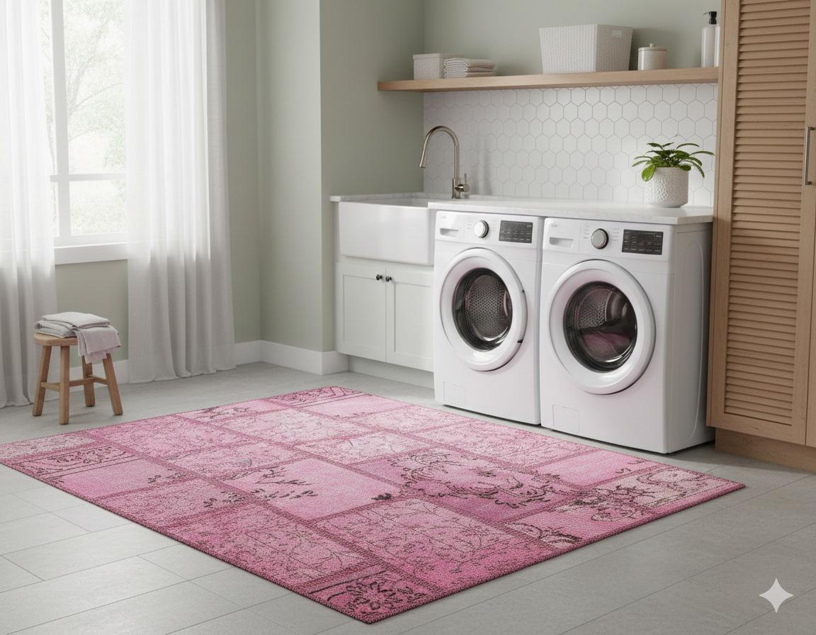 Handmade Wool Turkish Patchwork Rug: Vintage Pink Bohemian Area Rug (4.2x5.4)