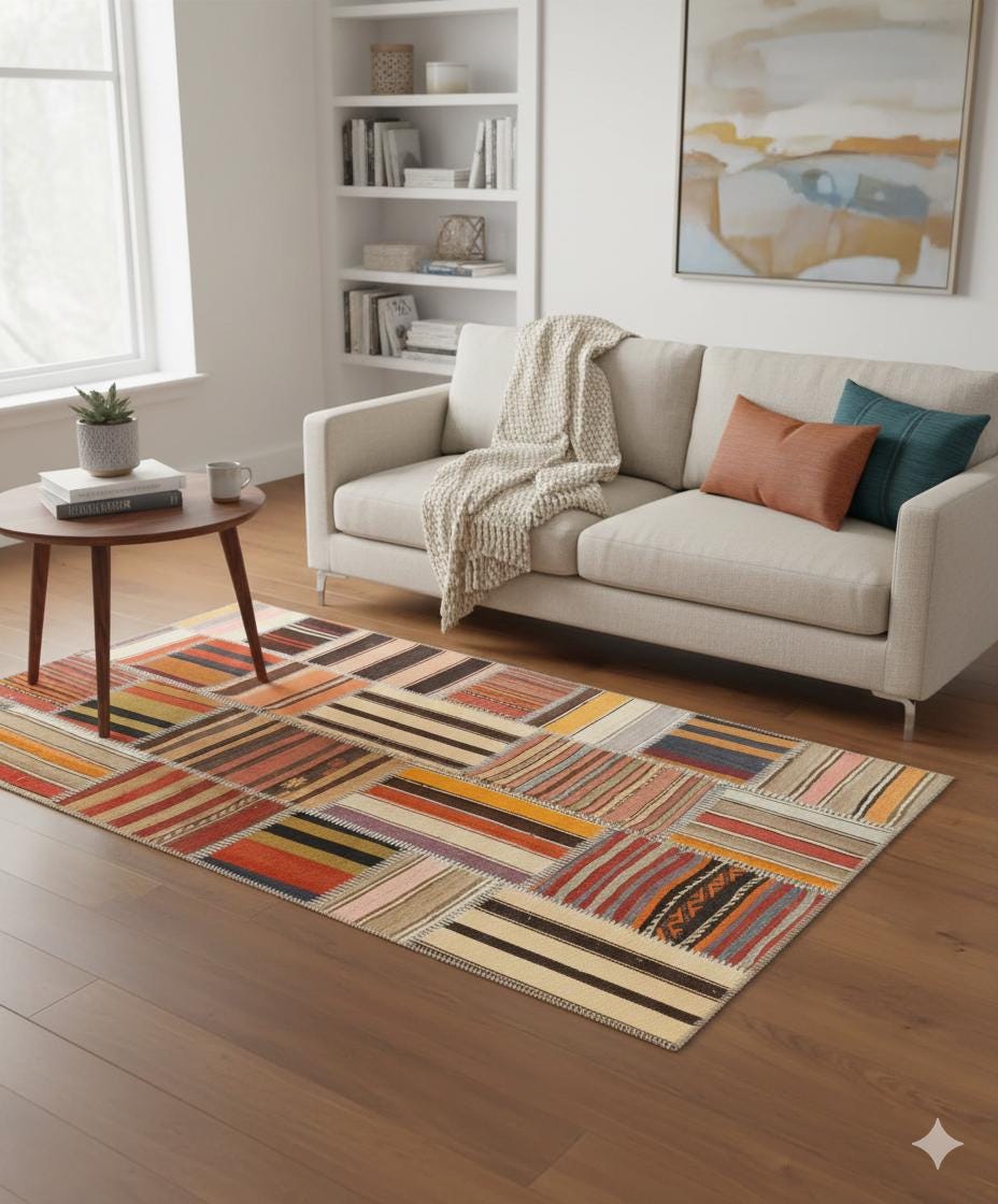 4x6, Handmade Wool Turkish Patchwork Rug – Vintage, Bohemian, One-of-a-Kind Area Rug