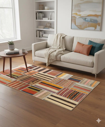 4x6, Handmade Wool Turkish Patchwork Rug – Vintage, Bohemian, One-of-a-Kind Area Rug