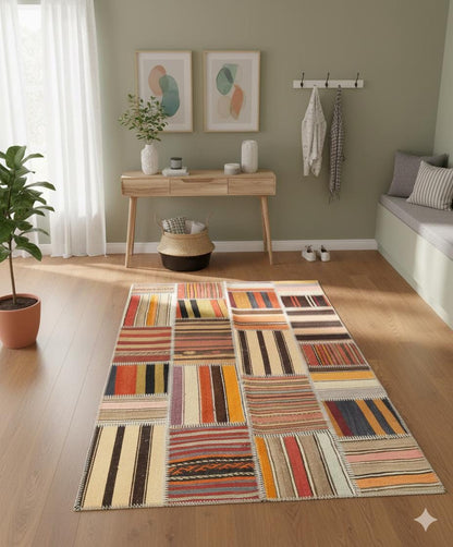 4x6, Handmade Wool Turkish Patchwork Rug – Vintage, Bohemian, One-of-a-Kind Area Rug