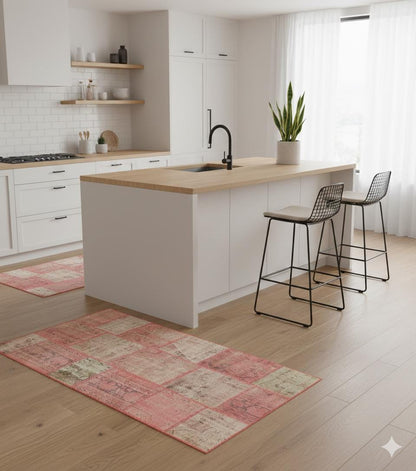 Handmade Pink Patchwork Rug: Bohemian Wool Area Rug (4x6 ft)
