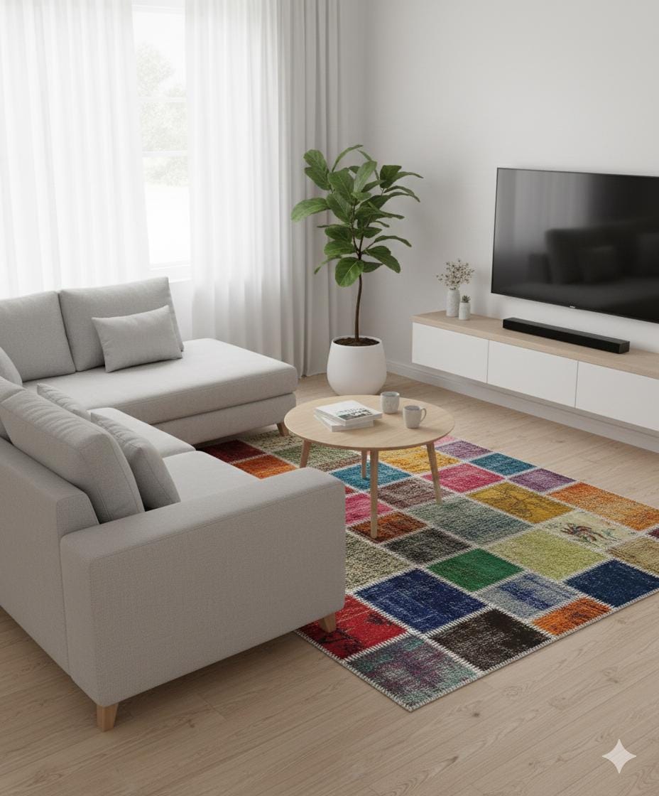 Handmade Wool Patchwork Rug: 4x6 ft Bohemian Turkish Rug
