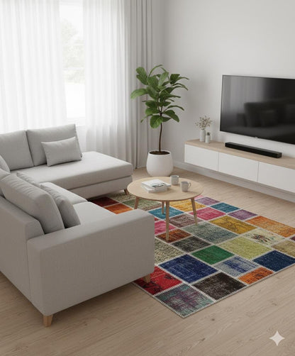 Handmade Wool Patchwork Rug: 4x6 ft Bohemian Turkish Rug