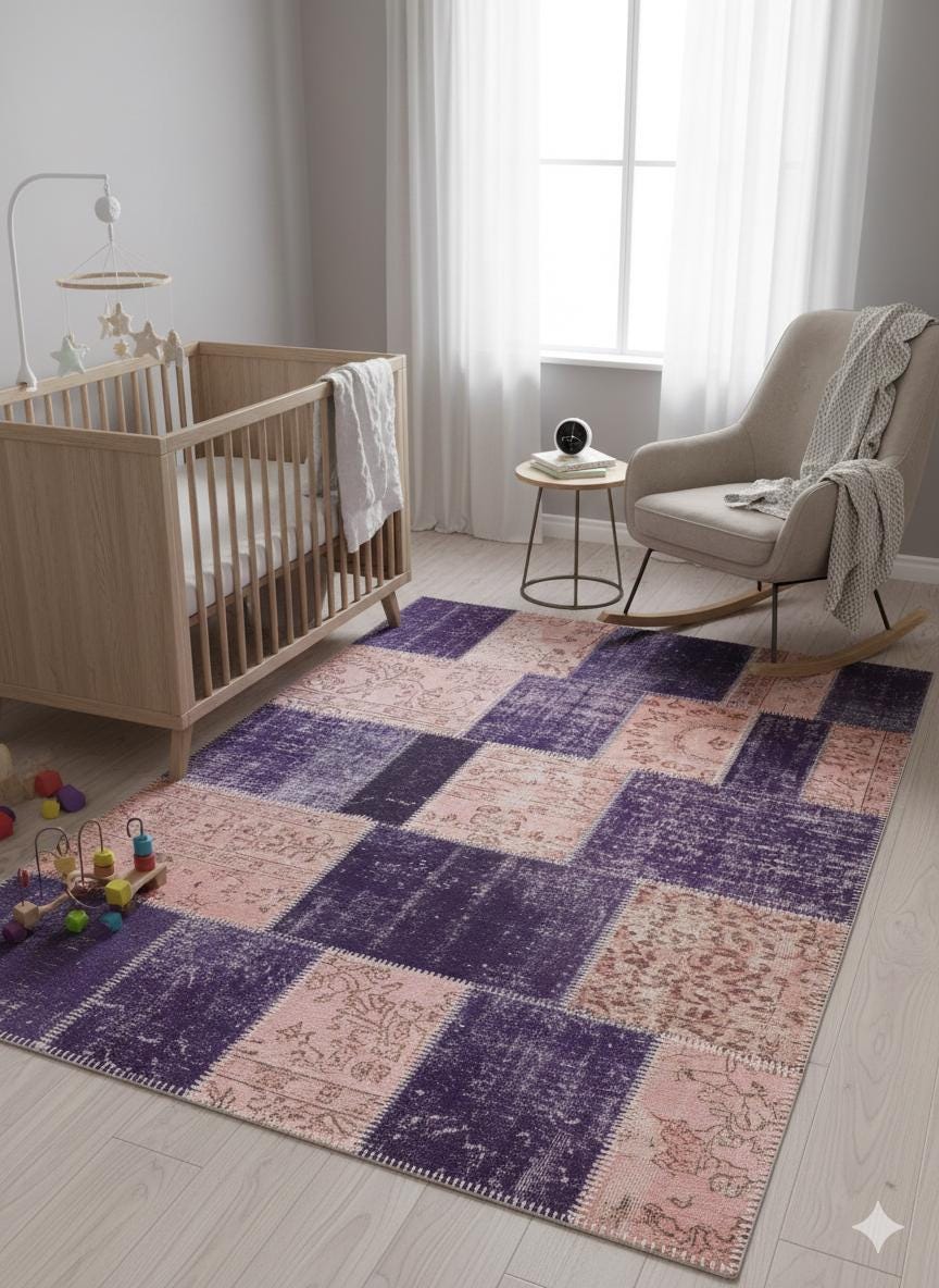 Handmade Purple Patchwork Wool Rug: Bohemian Turkish Rug (4.5'x6.6' ft)
