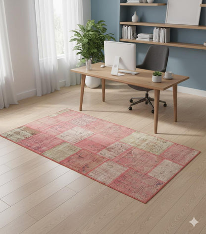 Pink Patchwork Rug: 4x6 ft, Handmade Wool Bohemian Area Rug