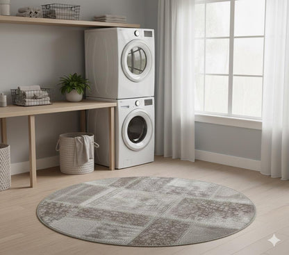 Handmade Wool Turkish Rug: 3.7 ft Round Patchwork Bohemian Area Rug