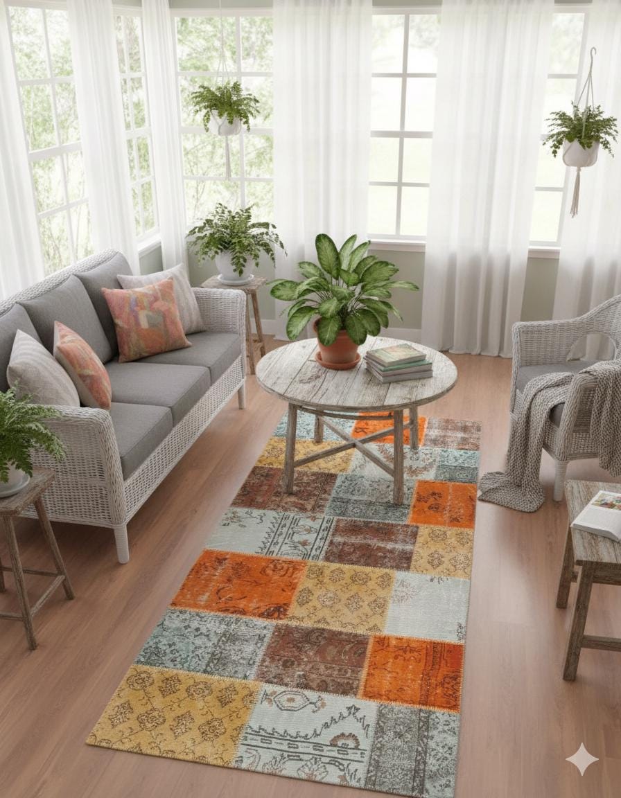 4.3x8.9, Handmade Wool Turkish Patchwork Rug – Vintage, Bohemian, One-of-a-Kind Area Rug