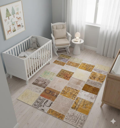 5.4x7.4, Handmade Wool Turkish Patchwork Rug – Vintage, Bohemian, One-of-a-Kind Area Rug