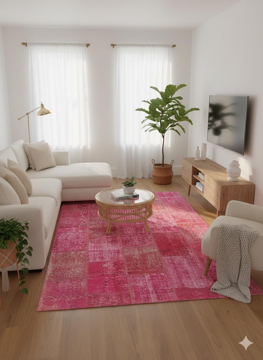 Handmade Wool Turkish Patchwork Rug: Vintage Pink Bohemian Area Rug (5.6x8)