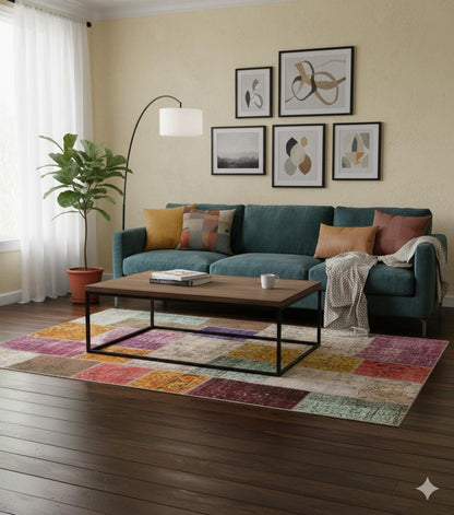 Handmade Wool Patchwork Rug: Bohemian Turkish Area Rug (4.4x6.8 ft)