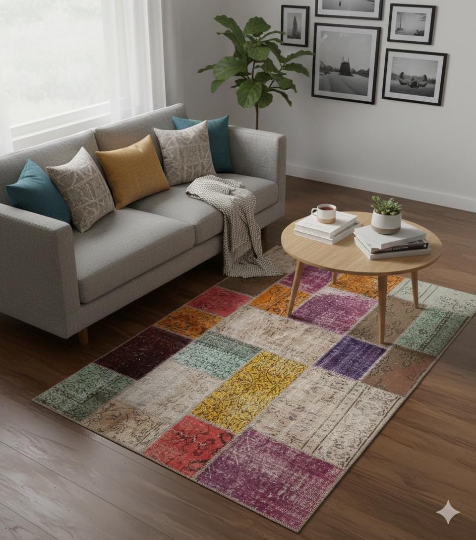 Handmade Wool Patchwork Rug: Bohemian Turkish Area Rug (4.4x6.8 ft)