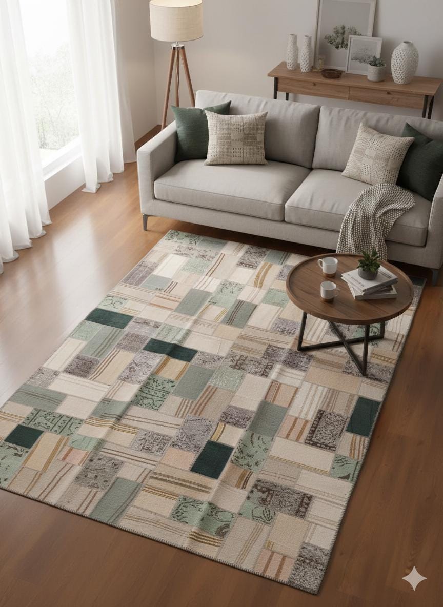 5.6x8, Handmade Wool Turkish Patchwork Rug – Vintage, Bohemian, One-of-a-Kind Area Rug