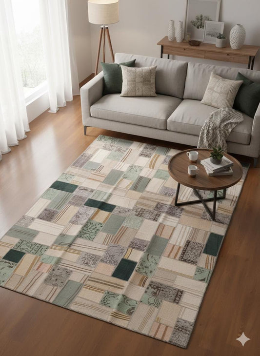 5.6x8, Handmade Wool Turkish Patchwork Rug – Vintage, Bohemian, One-of-a-Kind Area Rug