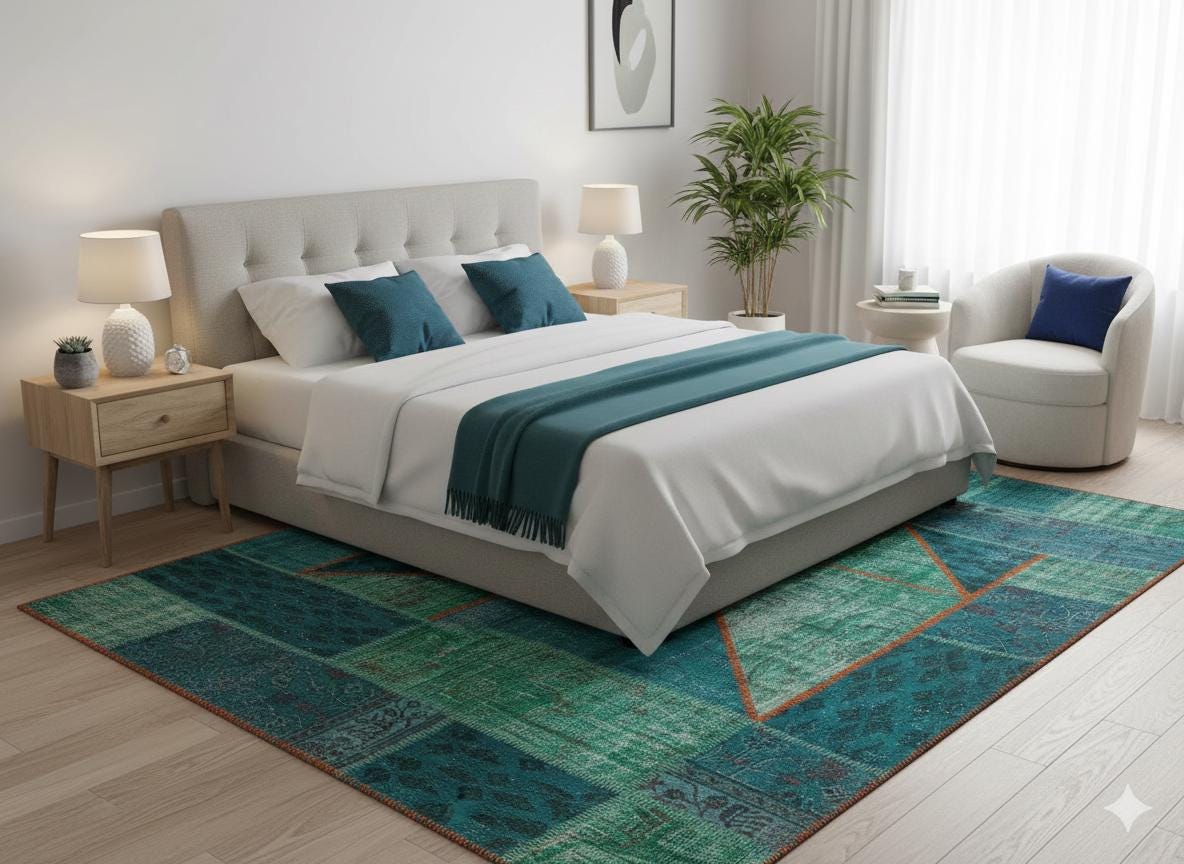 Handmade Wool Turkish Patchwork Rug: Vintage Green Area Rug (6x8)