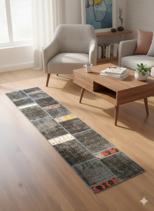 2.6x9.8, Handmade Wool Turkish Patchwork Rug – Vintage, Bohemian, One-of-a-Kind Area Rug