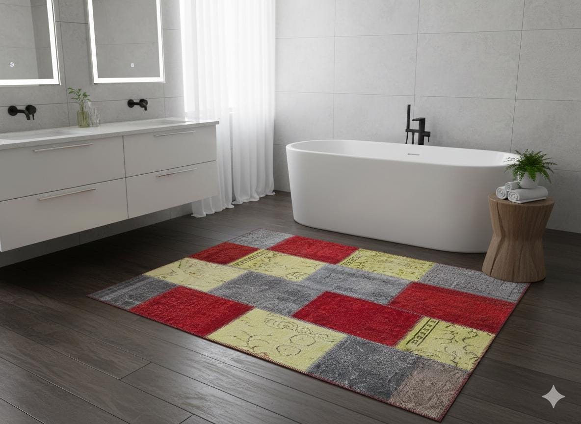 5.6x8, Handmade Wool Turkish Patchwork Rug – Vintage, Bohemian, One-of-a-Kind Area Rug