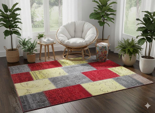 5.6x8, Handmade Wool Turkish Patchwork Rug – Vintage, Bohemian, One-of-a-Kind Area Rug