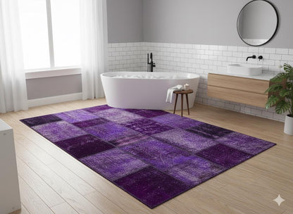 Handmade Wool Turkish Patchwork Rug: Purple Vintage Carpet (5.6x8)