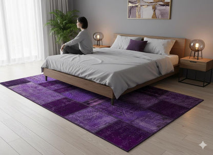 Handmade Wool Turkish Patchwork Rug: Purple Vintage Carpet (5.6x8)