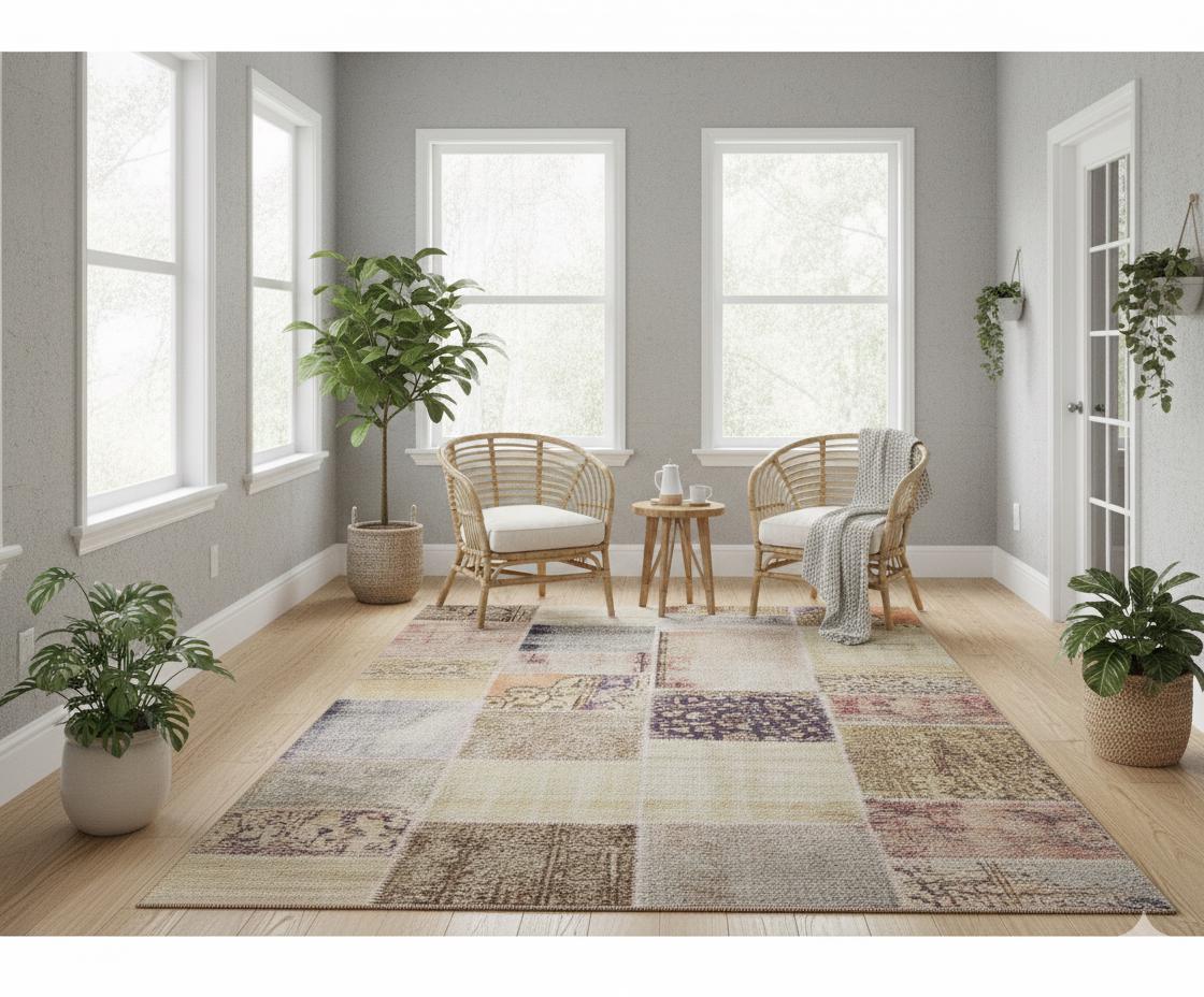 Handmade Wool Turkish Patchwork Rug: Vintage Bohemian Area Rug (5x8)