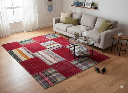 5.6x8, Handmade Wool Turkish Patchwork Rug – Vintage, Bohemian, One-of-a-Kind Area Rug