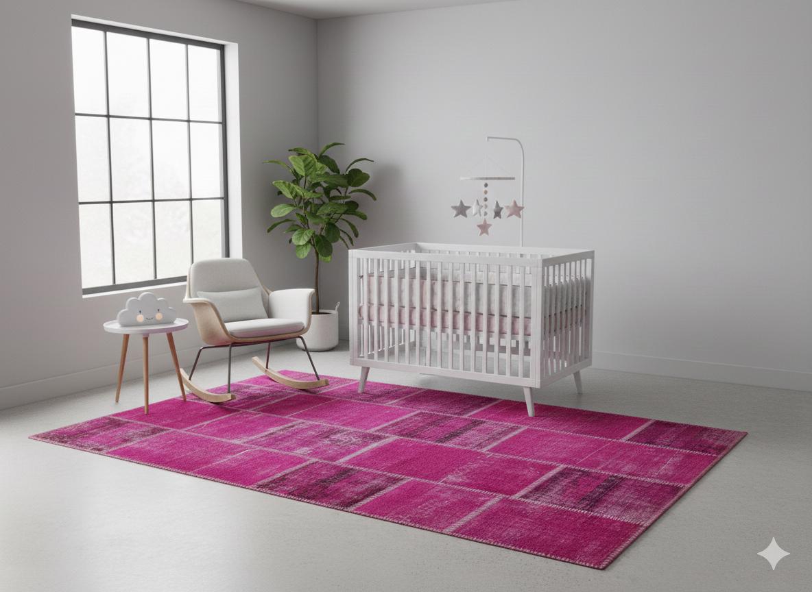 Handmade Wool Turkish Patchwork Rug: Vintage Pink Bohemian Area Rug (5.6x8)