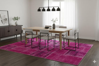 Handmade Wool Turkish Patchwork Rug: Vintage Pink Bohemian Area Rug (5.6x8)
