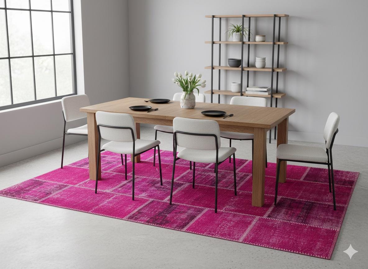 Handmade Wool Turkish Patchwork Rug: Vintage Pink Bohemian Area Rug (5.6x8)