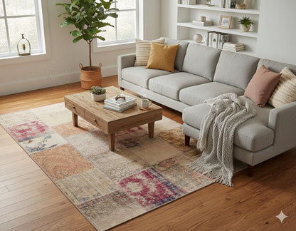 Handmade Wool Turkish Patchwork Rug: 5x8 Vintage Bohemian Area Rug