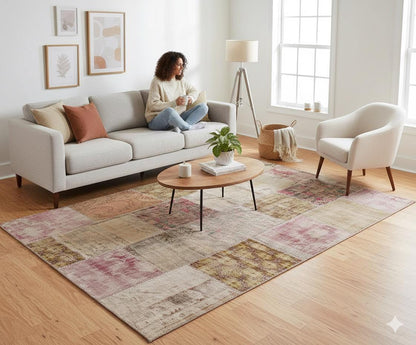 5x8 Handmade Wool Turkish Patchwork Rug: Vintage Bohemian Area Rug