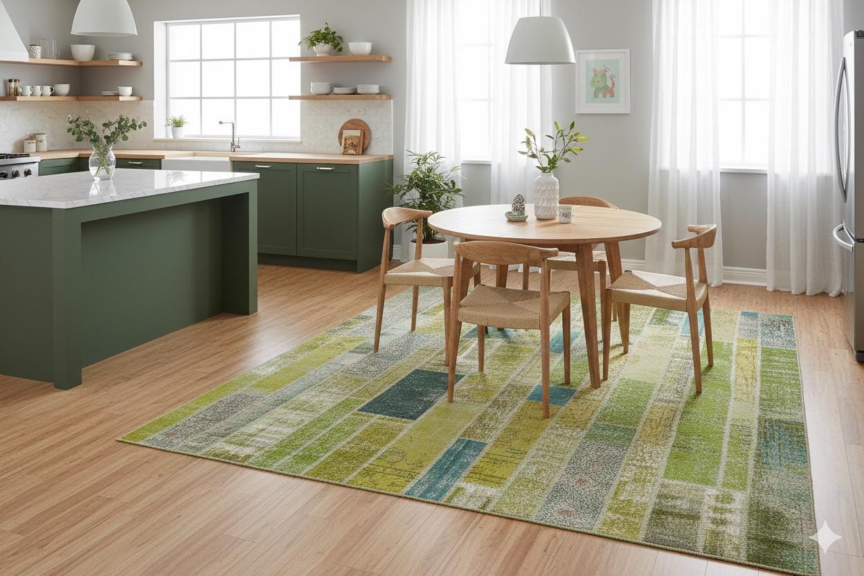 Handmade Wool Turkish Patchwork Rug: Green Vintage Area Rug (8.2x11.5)