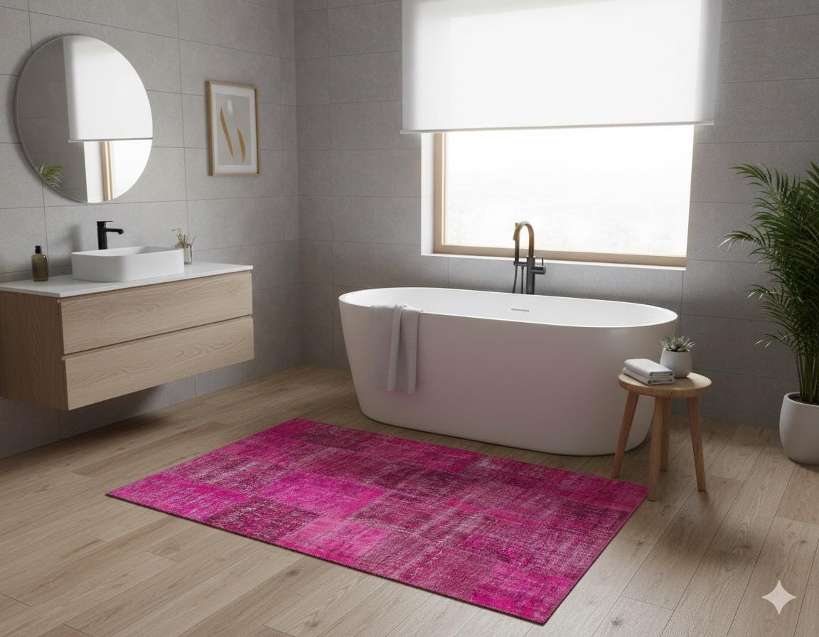 Handmade Wool Turkish Patchwork Rug: Pink Bohemian Vintage Carpet (5.4x8 ft.)