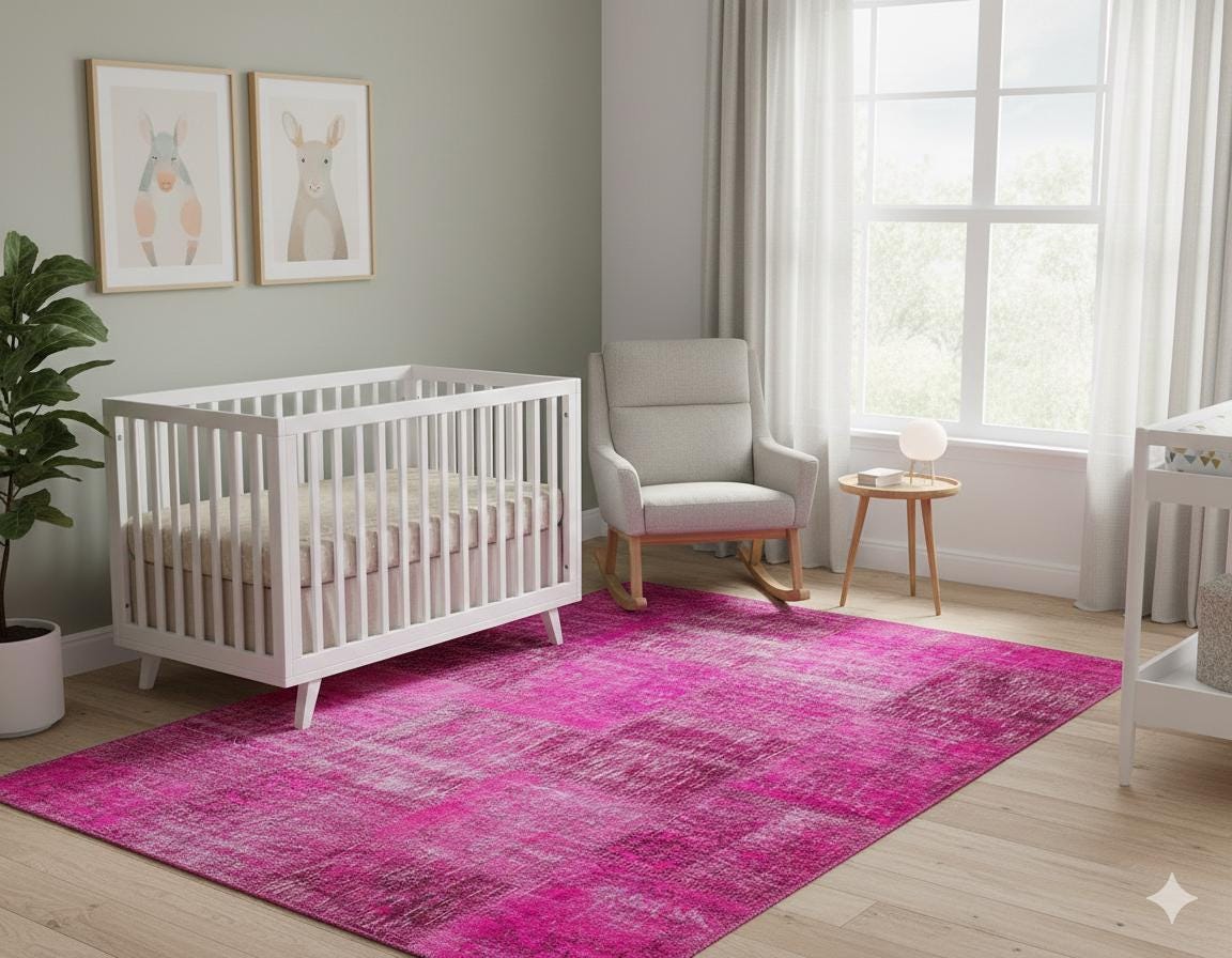 Handmade Wool Turkish Patchwork Rug: Pink Bohemian Vintage Carpet (5.4x8 ft.)
