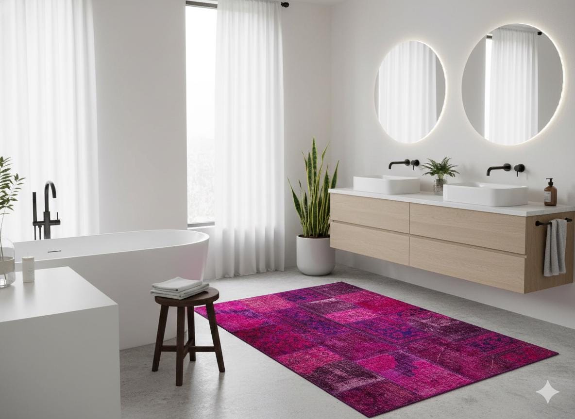 Handmade Wool Turkish Patchwork Rug: Vintage Purple Carpet (5.6x8)